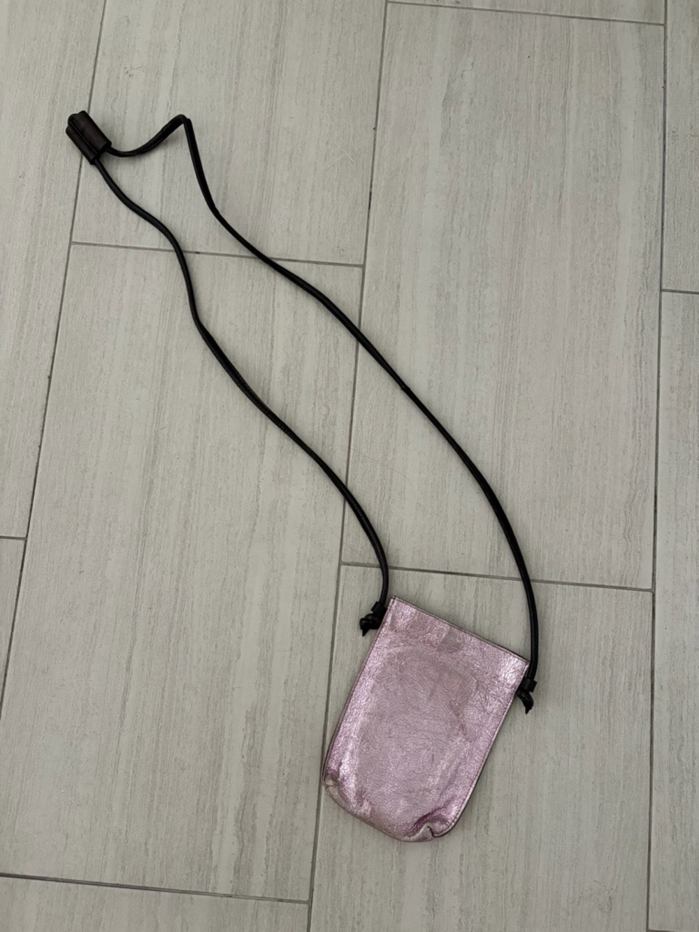 Free People Metallic Pink Crossbody Pouch with Black Strap